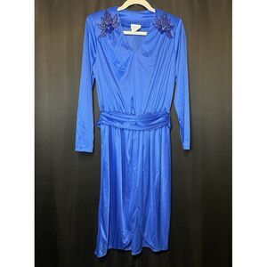 VTG Impromptu Belted Satin Chic Blue Dress Embellished Bejeweled Floral Accents